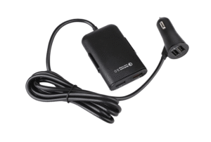 USB зарядно за кола (предна и задна седалка) с бързо зареждане. Четири USB порта. Дължина на кабела 1.8 m. Щипка за закачване