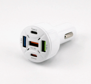 USB зарядно за кола с бързо зареждане (65W). Пет порта: два Type-C, три USB
