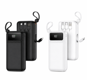 Външна батерия с дисплей и вградени кабели за зареждане (Micro USB, Lightning кабел, Type-C, iPhone, iPad). Капацитет 20000 mAh. Четири порта: 2 х USB-2.0A, micro USB, Type-C