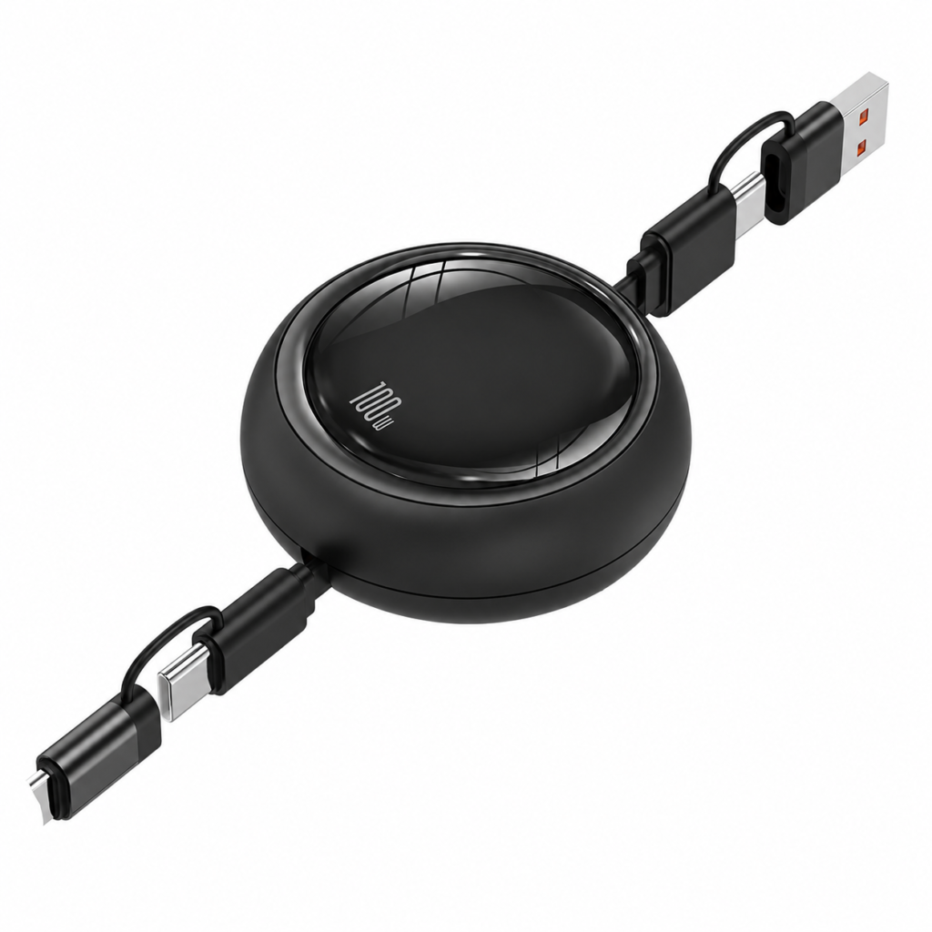 Прибиращ се кабел за зареждане – вход USB-A + Type-C към изход Type-C, Lightning, съвместим с iPhone и Android, дължина на кабела 1 m