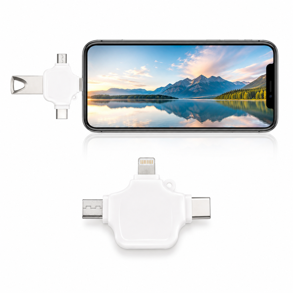 USB адаптер 3-в-1 – поддържа свързване на USB флаш памети, клавиатури, мишки и мобилни телефони. Четири порта: 1 х USB-3.0A, micro USB, Type-C, Lightning
